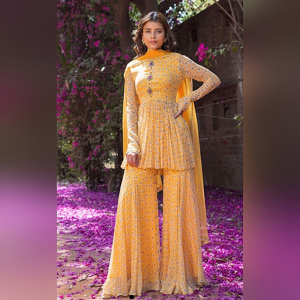 Basanti kapde aur koffee Yellow Sharara Set